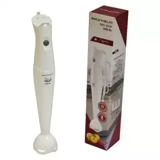 Фото товара Блендер погружной GRUNHELM EBS-301P белый цвета, позволяет легко и быстро измельчить продукты за считанные секунды, 300W