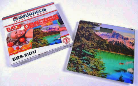 Ваги підлогові GRUNHELM BES-MOUNTAINS, скляні, з зображенням гірського озера, 0-180 кг - зображення 1