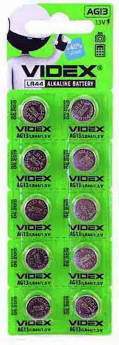 Батарейка AG13 Videx, 1.5 V, лужна, бл. 10/1, аналоги: LR44, A76, 357, SR44, 303, 303A, 357A, GP76A, V357, V76PX, V13GS - зображення 5