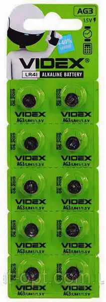 Батарейка AG3 Videx, 1.5 V, лужна, бл. 10/1, аналоги: LR41, 192, 384, 392, SR41, G3, V3GA - зображення 5