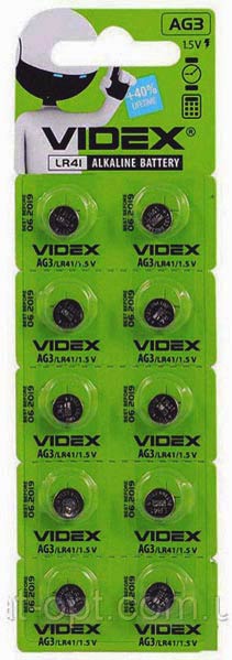 Батарейка AG3 Videx, 1.5 V, лужна, бл. 10/1, аналоги: LR41, 192, 384, 392, SR41, G3, V3GA - зображення 6