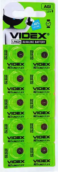 Батарейка AG1 Videx, 1.5 V, лужна, бл. 10/1, аналоги: LR621, SR621SW, 364, 164, 280-34, GP364, SB-AG/DG, LR60, LR620, SR60, SR60L, V364 - зображення 5