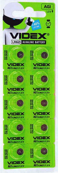 Батарейка AG1 Videx, 1.5 V, лужна, бл. 10/1, аналоги: LR621, SR621SW, 364, 164, 280-34, GP364, SB-AG/DG, LR60, LR620, SR60, SR60L, V364 - зображення 1