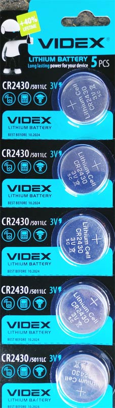 Батарейка CR2430 Videx, 3 V, літієва, бл. 5/1, аналоги: DL2430, ECR2430, BR2430, KCR2430, L2430 - зображення 1