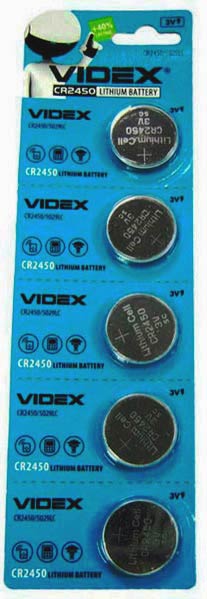 Батарейка CR2450 Videx, 3 V, літієва, бл. 5/1, аналоги: DL2450, ECR2450, BR2450, KCR2450, L2450 - зображення 1