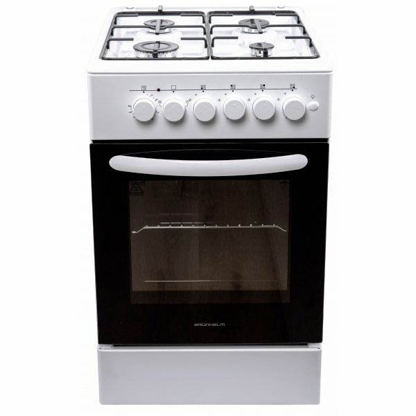 Кухонна плита газова Grunhelm FM-5601W на 4 конфорки з електричною духовкою, біла, духовка темна з білою ручкою. Габарити: в85*ш50*г59 см - зображення 1