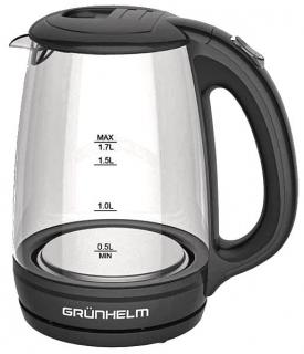 Фото товару Електрочайник GRUNHELM EKP-1703GB, скляний, чорний, 1,7л, дисковий, 2200 Вт, LED підсвічування