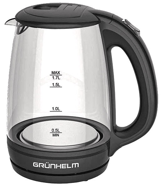 Електрочайник GRUNHELM EKP-1703GB, скляний, чорний, 1,7л, дисковий, 2200 Вт, LED підсвічування - зображення 1