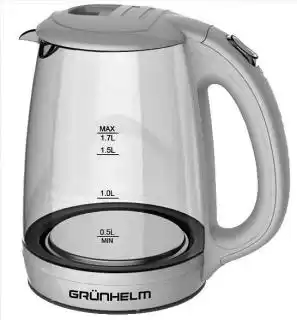 Фото товара Чайник электрический GRUNHELM EKP-1703GW, стеклянный, белый, 1,7 л, дисковый, 2200 Вт, LED подсветка