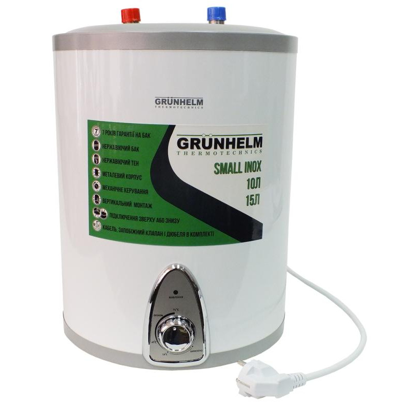 Водонагрівач GBH I-10U Grunhelm, підключення зверху, нержавіючий бак, 10 л, 1500 Вт, 6 барелів, 75 С, 4,5 кг, 360*270*280 мм - зображення 1