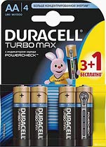 Фото товару Батарейка AA LR6, Duracell Turbo Max, 1,5 V, лужна, бл. 4/1, аналоги: R6, UM3, 15, 15A, MN1500