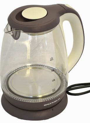Електрочайник GRUNHELM EKP-2315GE, скляний, білий/коричневий, 1,8 л, дисковий, 1800 Вт, LED підсвічування - зображення 1