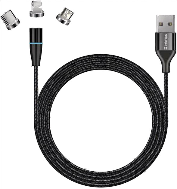 Кабель Lightning/micro-USB/USB Type-C на USB Black 1 м ColorWay Magnetic Data/qc CW-CBUU038-BK - зображення 1