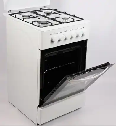 Кухонна плита газова Grunhelm FM-5612W, 4 конфорки, електрична духовка, біла, духовка темна з білою ручкою. Габарити: в85*ш50*г59 см - зображення 5
