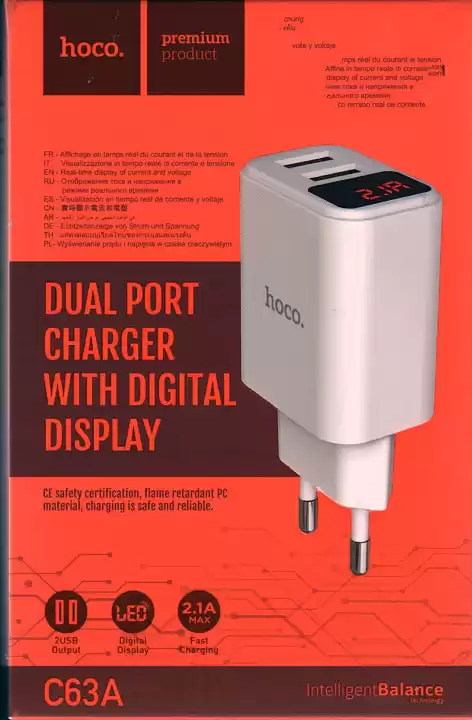 Зарядний пристрій Hoco C63A 220V на 2 USB, 5V 2,4A білий, з LCD дисплеєм - зображення 5