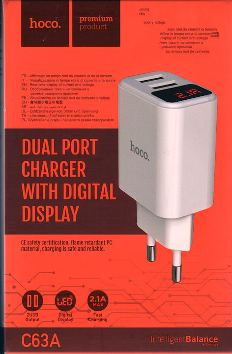 Зарядний пристрій Hoco C63A 220V на 2 USB, 5V 2,4A білий, з LCD дисплеєм - зображення 7