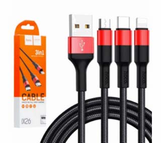 Фото товару Кабель 3 в 1, з USB до micro USB, до Iphone, до Type-C, Hoco X26 1 м, чорно-червоний
