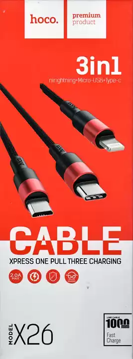 Кабель 3 в 1, з USB до micro USB, до Iphone, до Type-C, Hoco X26 1 м, чорно-червоний - зображення 5
