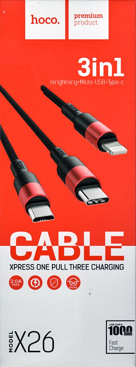 Кабель 3 в 1, з USB до micro USB, до Iphone, до Type-C, Hoco X26 1 м, чорно-червоний - зображення 7