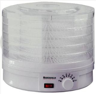 Фото товару Сушарка для продуктів Grunhelm BY1102, білого кольору з прозорими лотками, потужність 245 Вт, лотки для продуктів 5 рівнів, діаметр 32 см