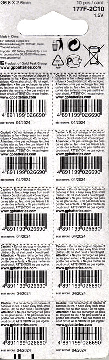 Батарейка AG4 GP 1.5 V, лужна, бл. 10/1, аналоги: LR626, LR66, 177, 376, 377, SR626, SR626SW, SG4, L626, SR66 - зображення 2