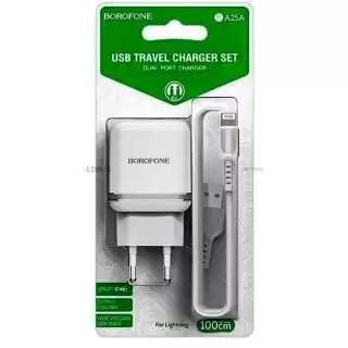 Фото товара Зарядное устройство BOROFONE BA25A Outstanding 2USB/2.4A+ Cable Lightning white