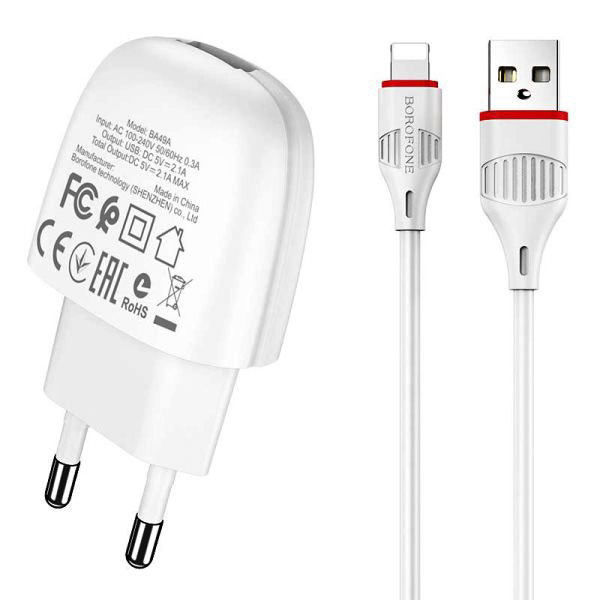 Зарядний пристрій BOROFONE BA49A швидкої зарядки 1USB, 2.1A білий, для мобільних телефонів - зображення 6