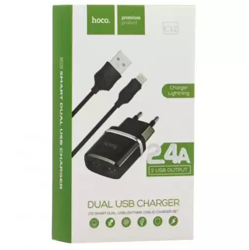 Зарядний пристрій HOCO C12 Smart 2USB/2,4A+Lightning Black - зображення 5