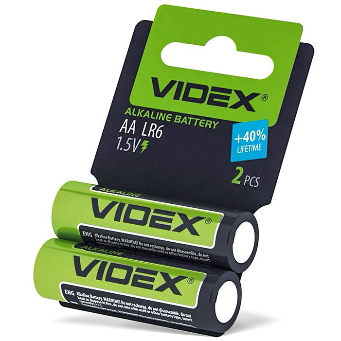 Батарейка AA LR6, Videx, 1,5 V, лужна, бл. 2/1, аналоги: R6, UM3, 15, 15A, MN1500 - зображення 1