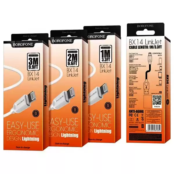 Кабель Lightning (iPhone) на USB, струм 2,4 А, довжина 1,2 м, білий, BOROFONE BX14 LinkJet for Lightning 2.4A/1m white, для смартфонів Айфон, Епл. - зображення 5