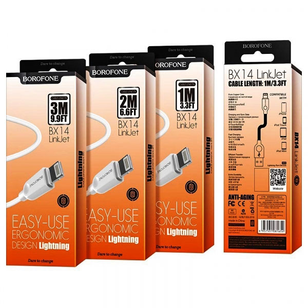 Кабель Lightning (iPhone) на USB, струм 2,4 А, довжина 1,2 м, білий, BOROFONE BX14 LinkJet for Lightning 2.4A/1m white, для смартфонів Айфон, Епл. - зображення 1