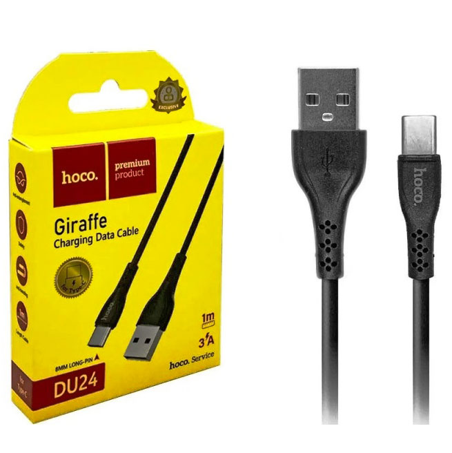 Кабель HOCO DU24 GIRAFFE Charging Data Cable for Type-C long pin(8mm)/3A/1m. Black - зображення 1