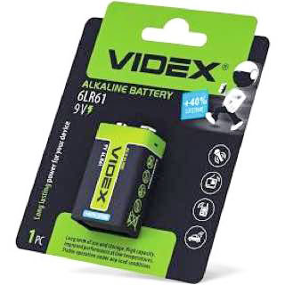 Фото товару Батарейка 6F22 Videx Alkaline, 9 V, алкалінова, плівка, бл. 12/1, аналоги: 6LR61, 1604, 1604A, PP3, E-Block, MN1604