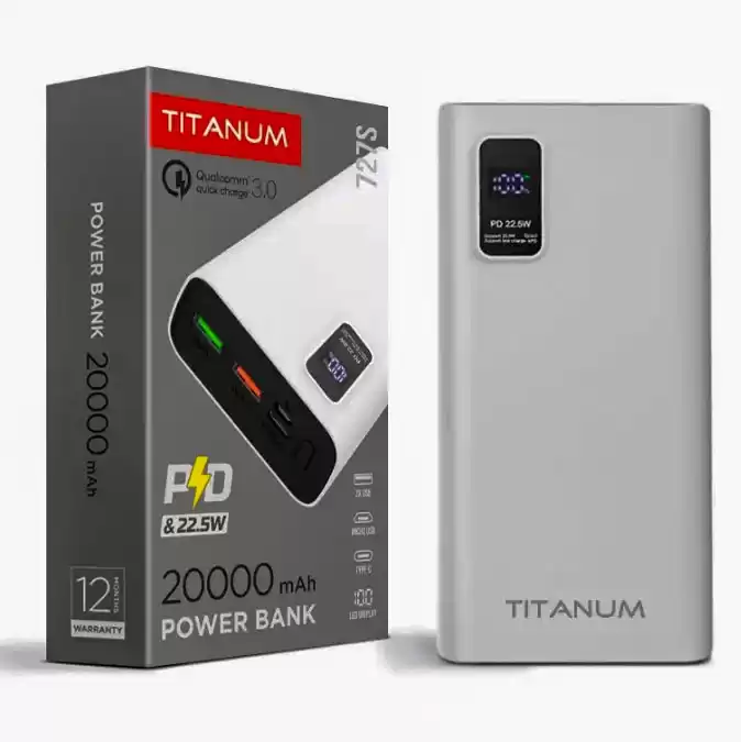 Power Bank 20000mAh, TITANUM TPB-727S-W, 22.5 Вт, PD, екран, 2*USB, Type-C, microUSB, білий - зображення 5