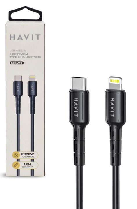 Кабель Lightning на Type-C Havit CB6239 1 м, чорна тканина. Для зарядки мобільних телефонів та смартфонів iPhone (Айфон) - зображення 6