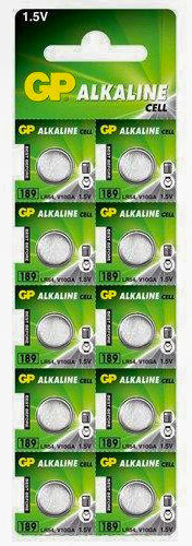 Батарейка AG10 GP, 1.5 V, лужна, бл. 10/1, аналоги: LR54, LR1130, 189, 389, SR1130W, GP89A, V10GA - зображення 1