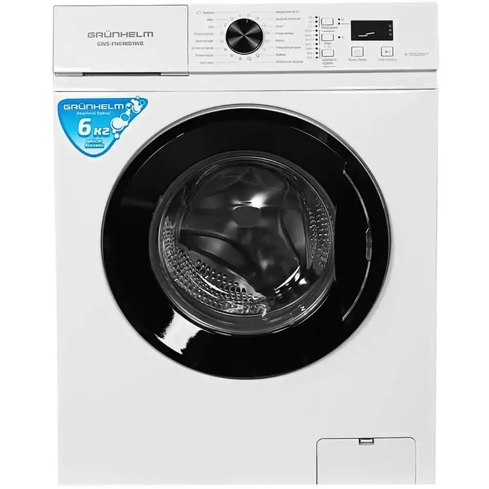 Пральна машина Grunhelm GWV-FN610D1WB 6 кг, 1000 об/хв, A++, інвертор, дисплей, 85x60x44 см, біла/чорний люк - зображення 5