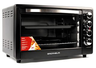 Фото товару Піч електрична GRUNHELM GN50AC, 50 л, чорна, 2200 Вт з конвекцією + деко для піци + 1 прямокутних дека