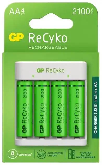 Зарядний пристрій для акумулятора GP E411 210AAHCN-2B4 від USB + 4 акумулятори R6 2100 ReCyko - зображення 1