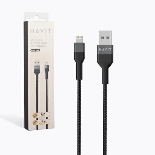 Кабель Lightning Havit HV-CB622C, 2.1 А, 1 м, чорний, тканинний, тільки зарядка - зображення 5