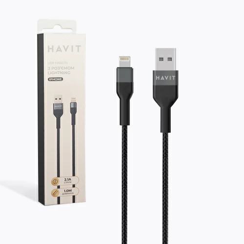 Кабель Lightning Havit HV-CB622C, 2.1 А, 1 м, чорний, тканинний, тільки зарядка - зображення 6