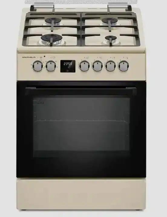 Плита газоелектрична Grunhelm FD661234BE 60 см бежева, дисплей, чавунна решітка - зображення 1